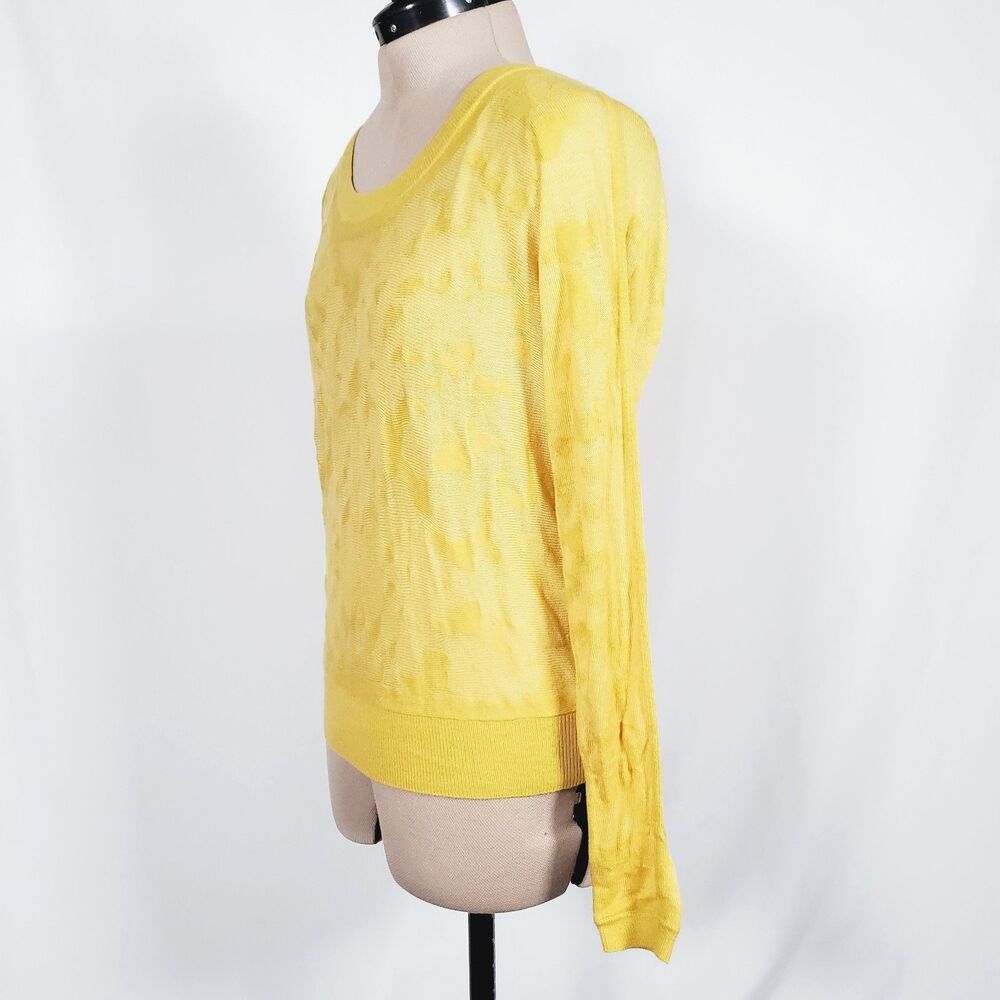 Cabi Women's Sweater Size Medium Yellow Burnout Sheer Cotton Blend Long Sleeve